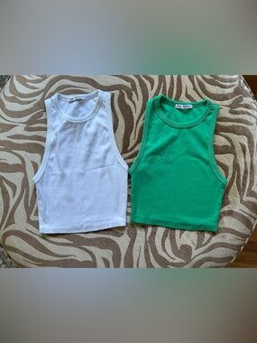 ZARA White & Green Ribbed Tank Tops - 2-Pack